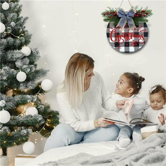 Merry Christmas Wreath for Front Door Buffalo Plaid Christmas Decoration (Black) - Picture 3 of 6